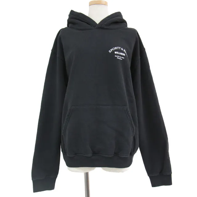 Sporty \u0026 Rich スポーティーアンドリッチ パーカー スウェット プルオーバーブラック 黒 M フーディー ロゴ プリント コットン カジュアル バッグプリント グラフィックデザイン ベーシック ポケット【レディース】【中古】【K3591】
