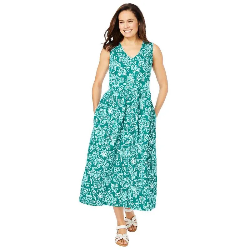 ウーマン ウィズイン レディース トップス ワンピース プラスサイズ ノースリーブ Woman Within Plusize Sleeveless Button Front Dress Waterfall Stencil