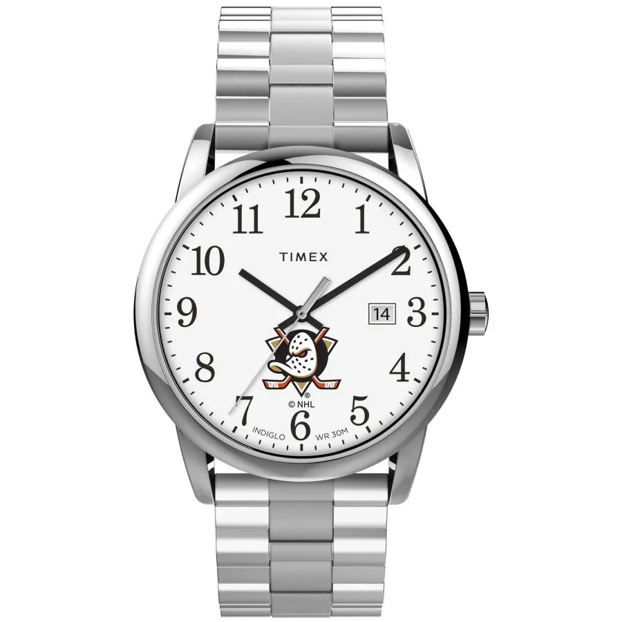 Timex イージーリーダー 38mm メンズ腕時計 アナハイム・ダックス NHLロゴ入り ステンレススチール拡張バンド 30m防水 クイックデート