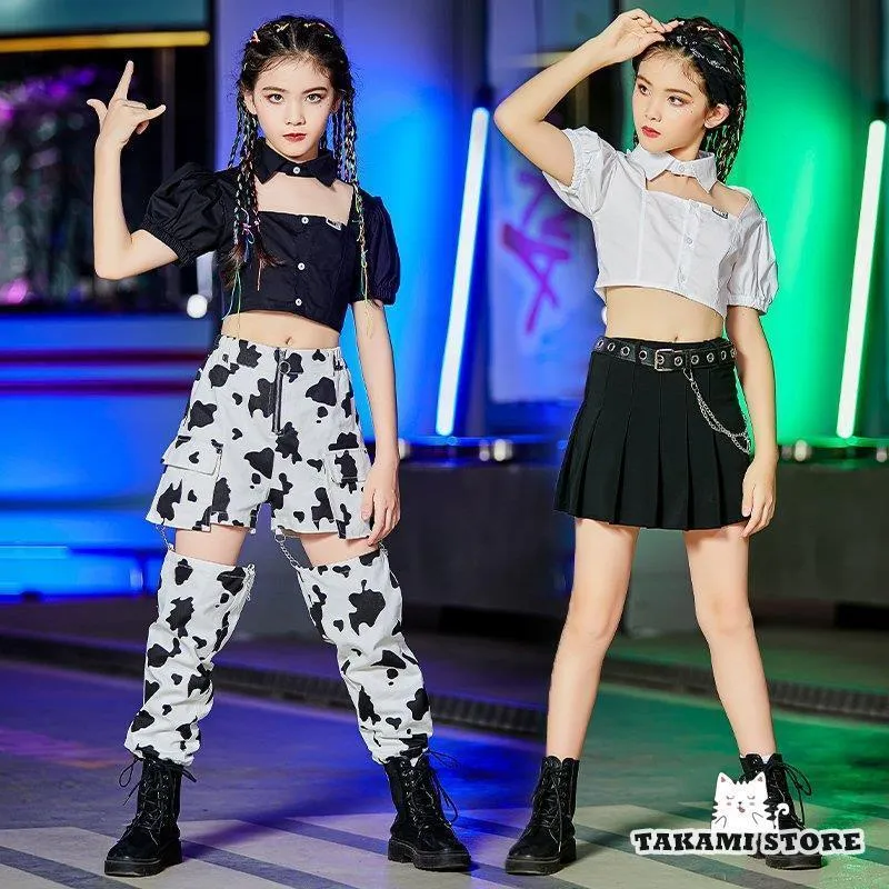 セット 韓国風 ダンス衣装 ヒップホップ 女の子 チアガール ステージ衣装 jazz 練習着 かっこい 応援団 キッズダンス衣装 キッズ へそ出し トップス パンツ