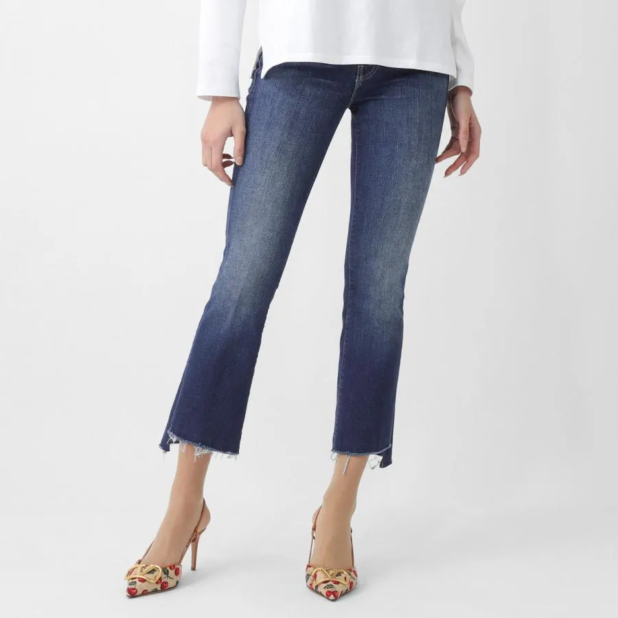 マザー MOTHER ジップフライジーンズ THE INSIDER CROP STEP FRAY ストレッチ フレア デニムパンツ クロップド丈 切りっぱなし ブルー レディース