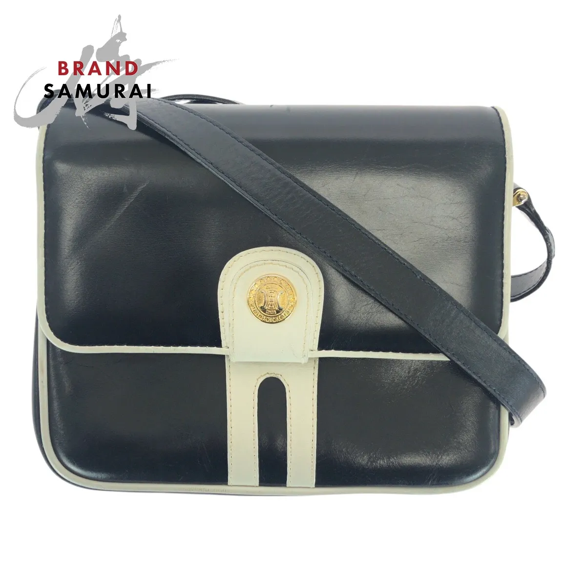美品 CELINE セリーヌ ヴィンテージ ネイビー ホワイト ゴールド金具 レザー M08 ショルダーバッグ ポシェット レディース 505922 【中古】