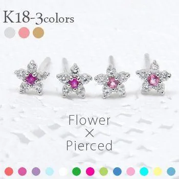 18金 フラワー ダイヤモンドピアス 0.1ct k18ゴールド 花 カラーストーン スタッドピアス 誕生石 レディース