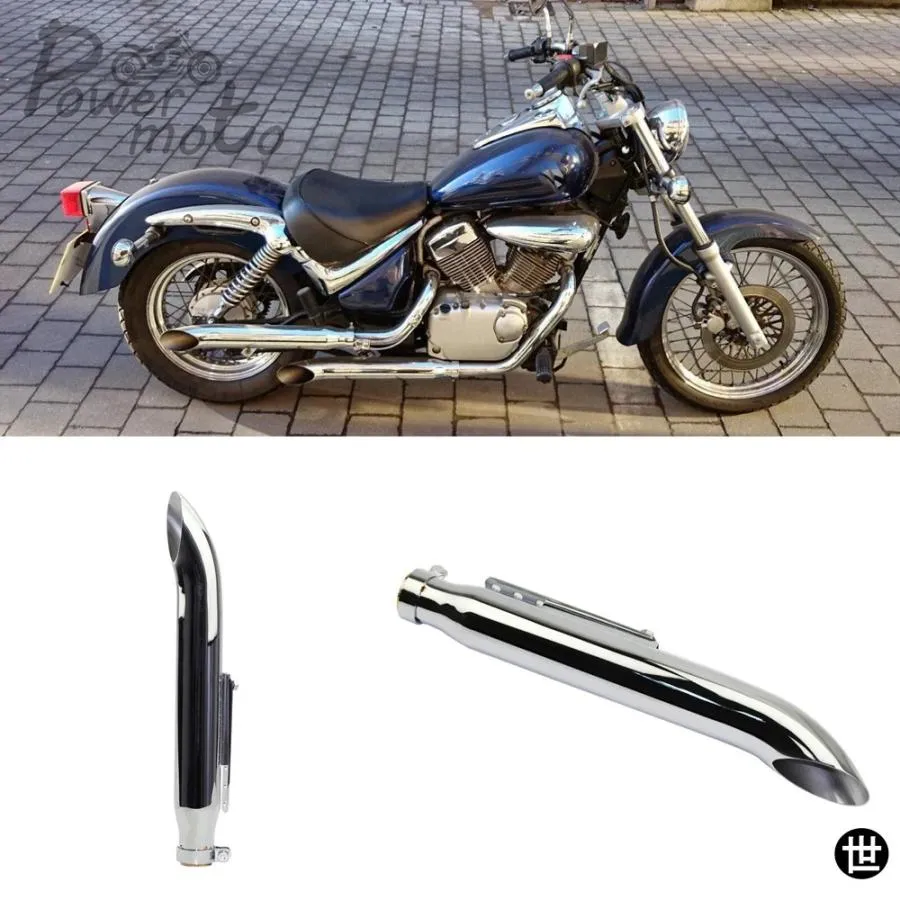 クロームメッキバイク用スラッシュカットテーパーエキゾーストパイプターンアウトマフラーサイレンサーハーレー ホンダ スズキ イントルーダー LC VL 125 800 14