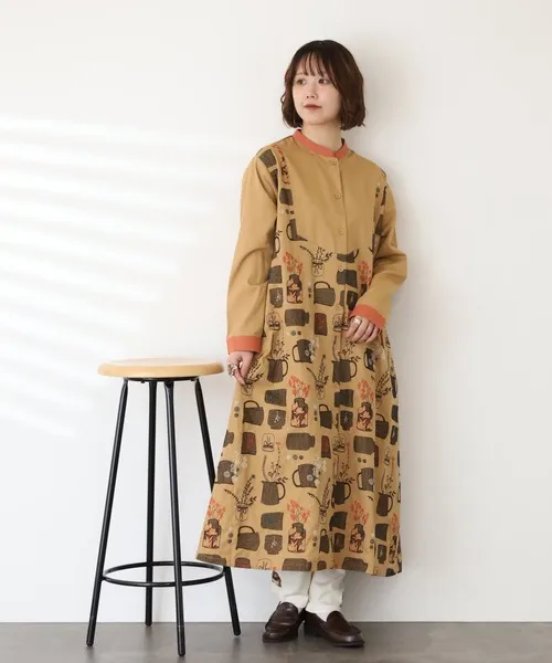 シャツワンピース EMAGO ツボと花刺繍ワンピース 長袖