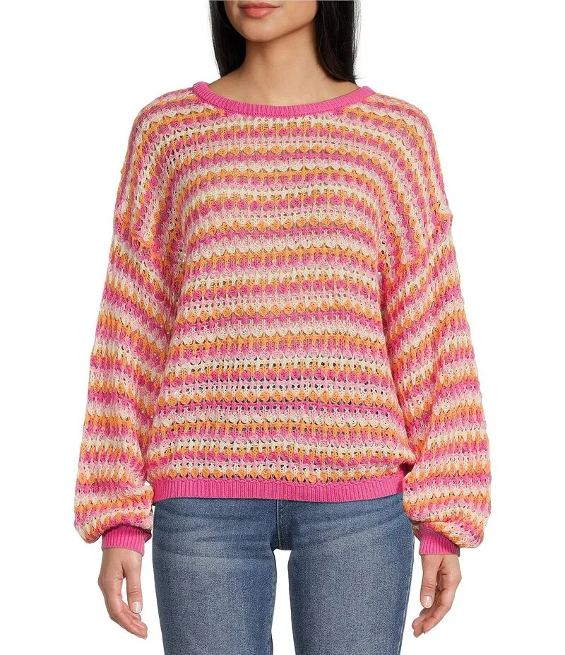 ブルーペッペーブルーペッパー レディース アウター パーカー・スウェット リラックスフィット プリント セーター Blu Pepper Stripe Print Bow Back Relaxed Fit Sweater Fuchsia Multi フューシャ