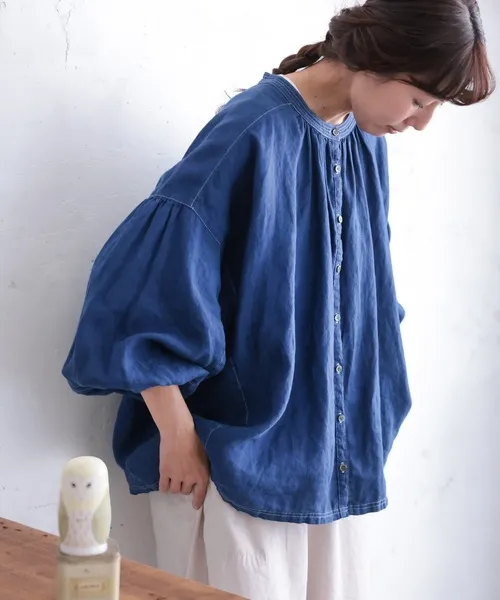 ブラウス シャツ 青いリネンのブラウス レディース