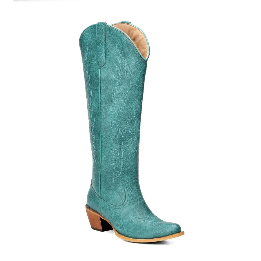 【並行輸入品】Huntarry Women's Cowboy Boots Turquoise Eagle Embroidered Knee H