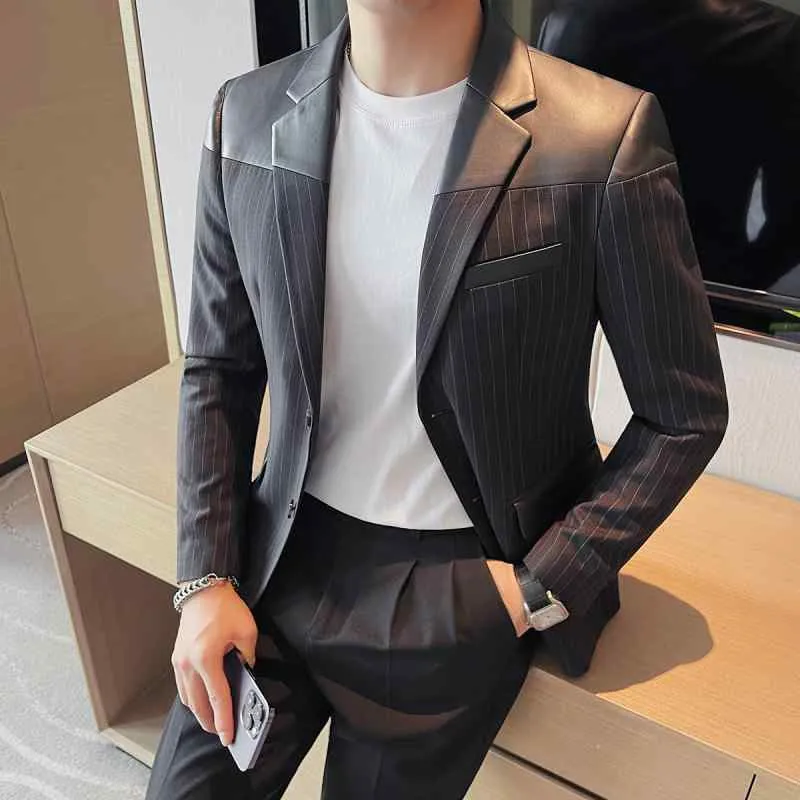 春 コーデ メンズ  服 シンプル ファッション オシャレ 大人 かっこいい 大きいサイズ ストリート 紳士服 PU エコ レザー ストライプ スーツ ジャケット ハイエンド スリムフィット 韓国スタイル カジュアル スーツ