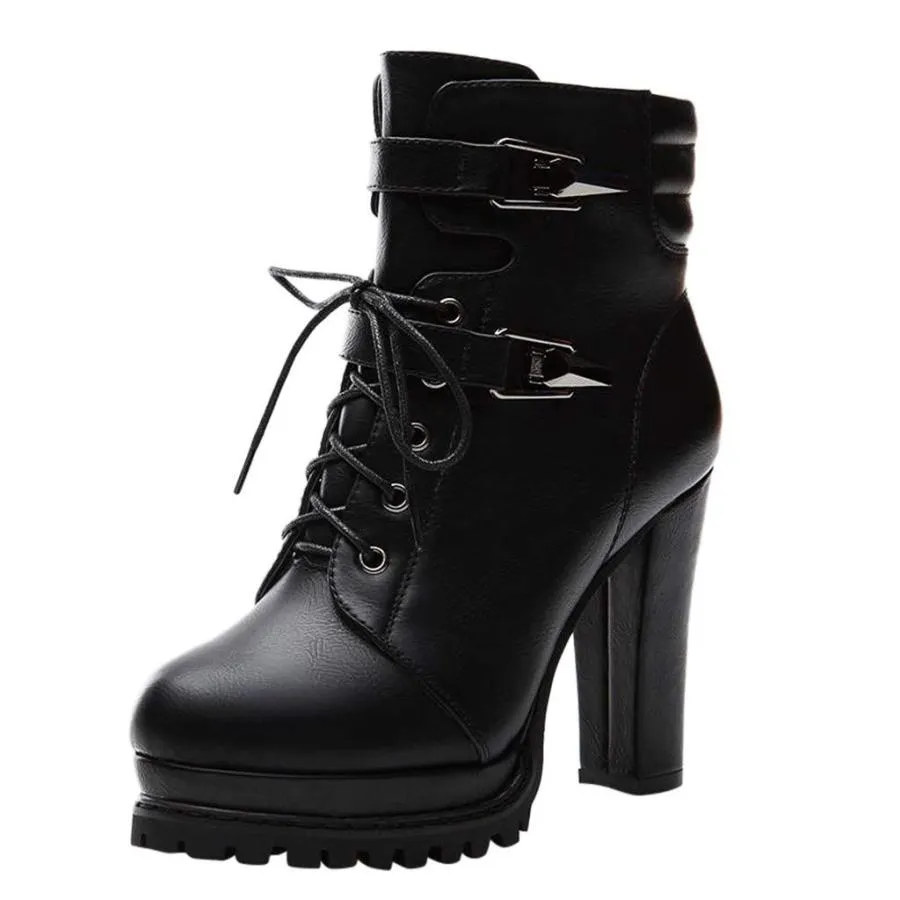 【並行輸入品】Womens Boots Round Toe Lace Up High Heel Ankle Boots Chunky Heel