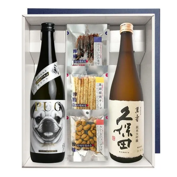 【送料無料】PUG 純米大吟醸 ・久保田〔萬寿〕純米大吟醸【３種選べるおつまみセット】720ml×2本〔ギフト箱M付〕【冷3】【□】伍魚福 クール代込