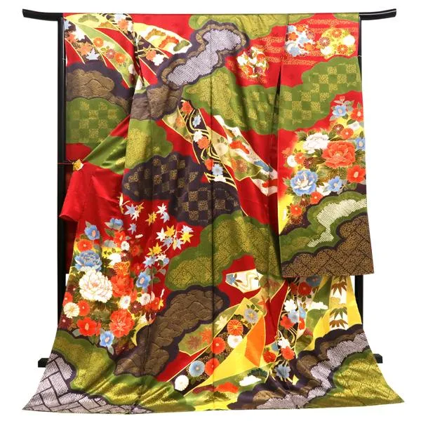 振袖 赤 仕立て付き 青柳 桶絞り 牡丹 雲取り 熨斗 正絹 新品 購入 販売 未仕立て 古典柄 成人式 卒業式 f-607