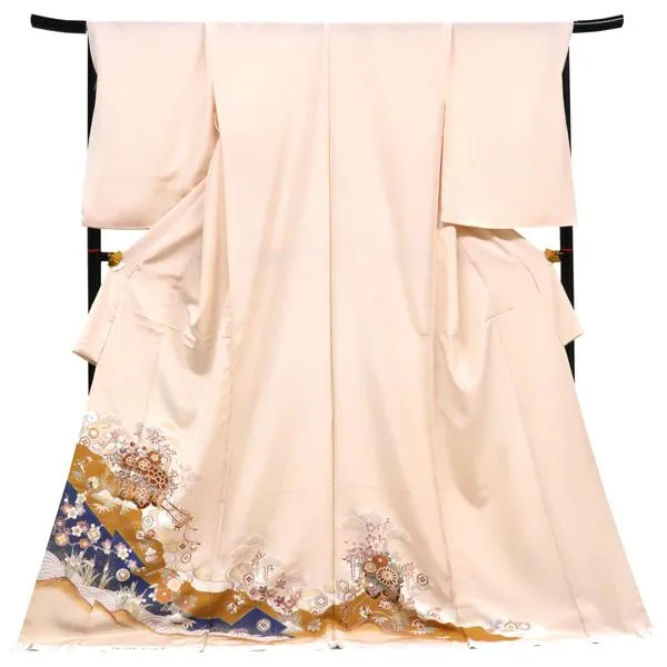 色留袖 手描き京友禅 仕立て付き ピンクベージュ 正絹 新品 購入 販売 友禅 未仕立て 花車 道長取り 礼装 フォーマル 仕立て込み it-109