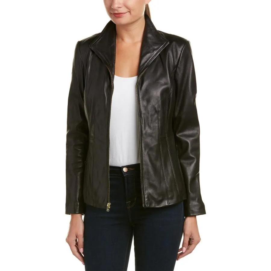 【並行輸入品】Cole Haan womens Leather Wing Collared Jacket Cole Haan Women's L