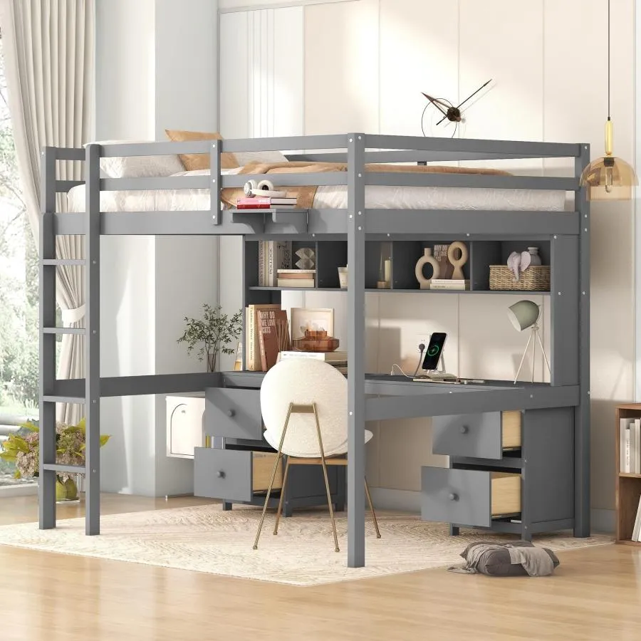 【並行輸入品】 Merax Full Size Loft Bed with Desk, Wood Full Loft Bed Frame wit