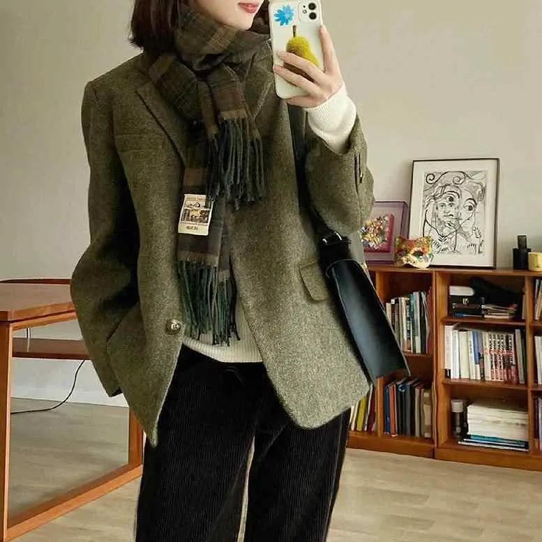 スーツジャケット レディース 緑色 短丈 V字柄 レトロ ツイード調 感 春秋 女性向け