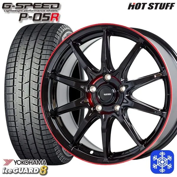205/55R16インチ ヨコハマ アイスガード IG80 5H114.3 スタッドレスタイヤホイールセット ホットスタッフ ジースピード P-05 レッド