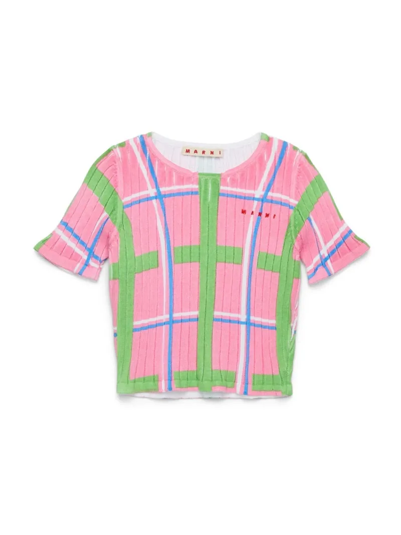 【SALE／53%OFF】MARNI MARNI マルニ Kids \u0026 Junior チェック半袖ニット シフォン トップス ニット ピンク【RBA_E】【送料無料】