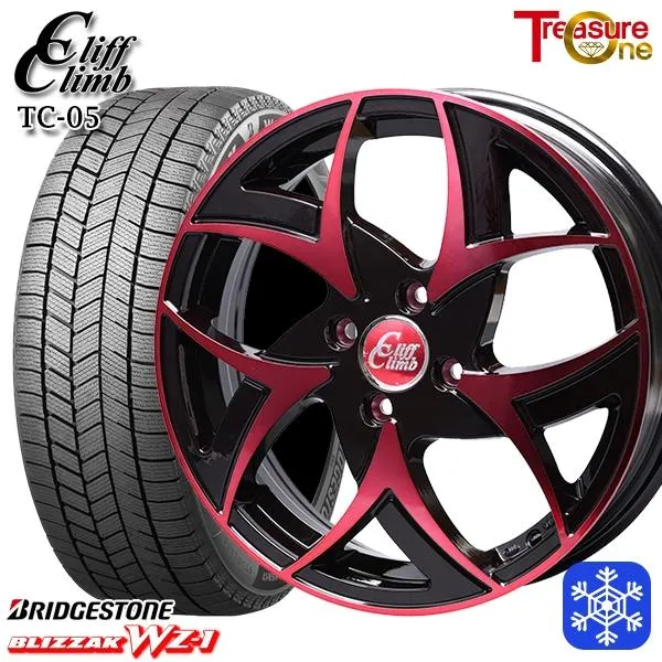 185/65R15インチ ブリヂストン ブリザック WZ-1 WZ1 4H100 スタッドレスタイヤホイールセット クリフクライム TC05 レッド
