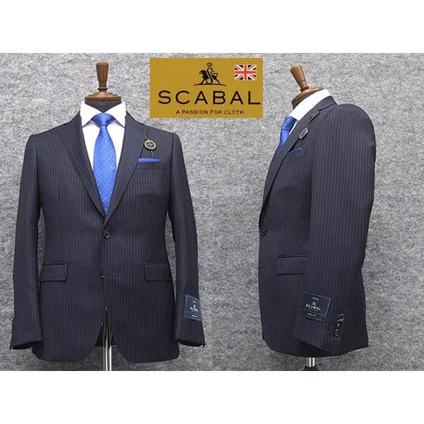 秋冬物　[Scabal] スキャバル　スタイリッシュ2釦シングルスーツ　紺/ストライプ　日本製　[YA体][A体][AB体]　ロゴ裏地　メンズスーツ　scb18