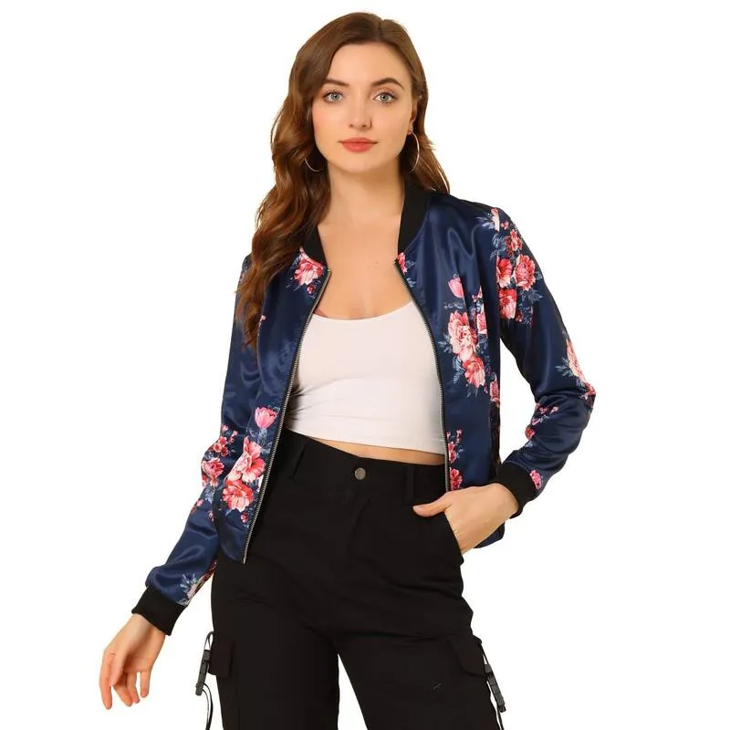 アレグラ ケー レディース アウター ジャケット・ブルゾン フラワー柄 プリント フラワー ALLEGRA K Womentand Collar Zip up Floral Prints Crop Length Bomber Jacket Dark Blue ブルー
