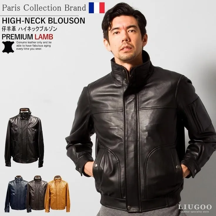 【30%OFFクーポン】Paris Collection Brand 本革 ハイネック　レザーブルゾン メンズ パリコレ 6401  軽くて柔かい！ レザージャケット 革ジャン 皮ジャン 黒
