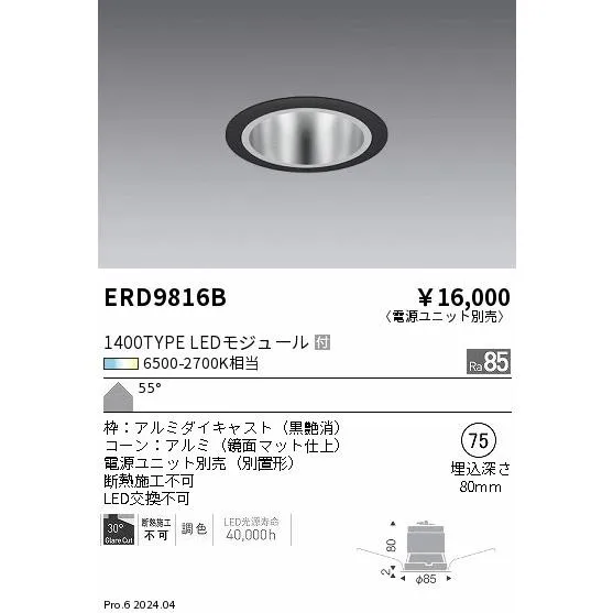 ERD9816B 遠藤照明 Tunableベースダウンライト 1400タイプ鏡面マット 超広角黒【電源ユニット別売】