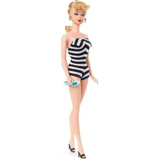 Barbie バービーシグネチャーマテル75周年記念人形、オリジナルの1959年の黒と白の水着の人形の再現、手首タグ、コレクターへのギフト、マルチ