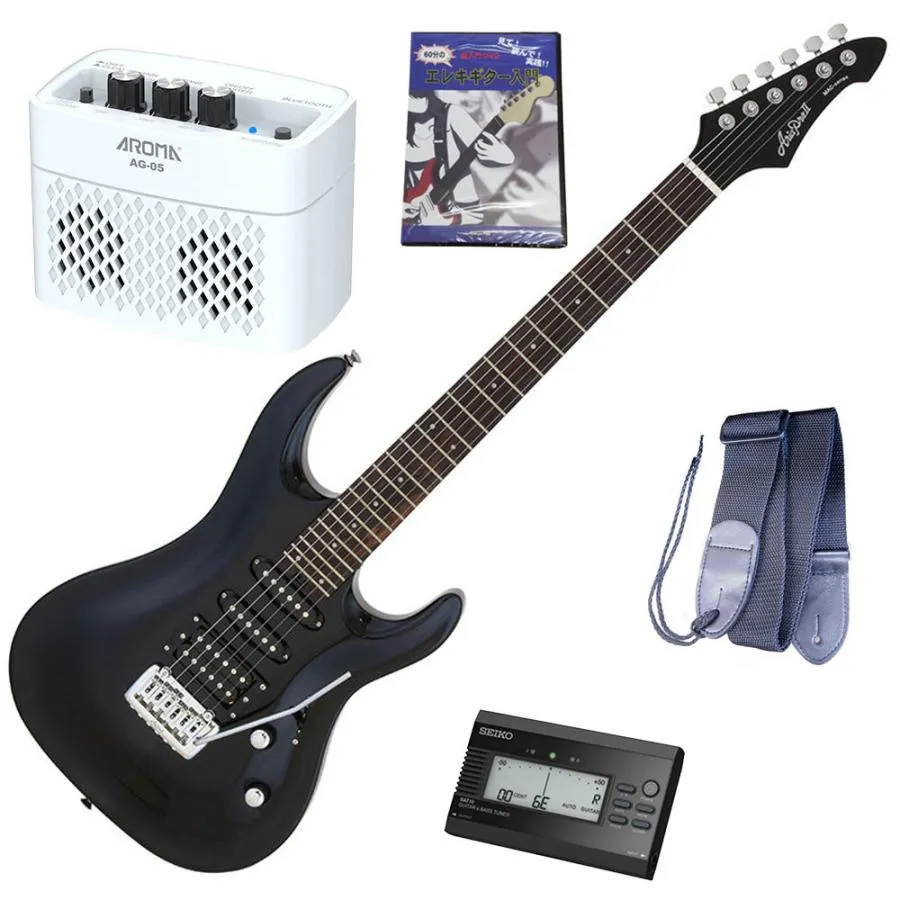 セイコーチューナー＆アンプ＆教則セット！AriaProII エレキギター MAC-STD MBK＋SAT10B＋ギターストラップ＋AG-05 WH＋教則DVD