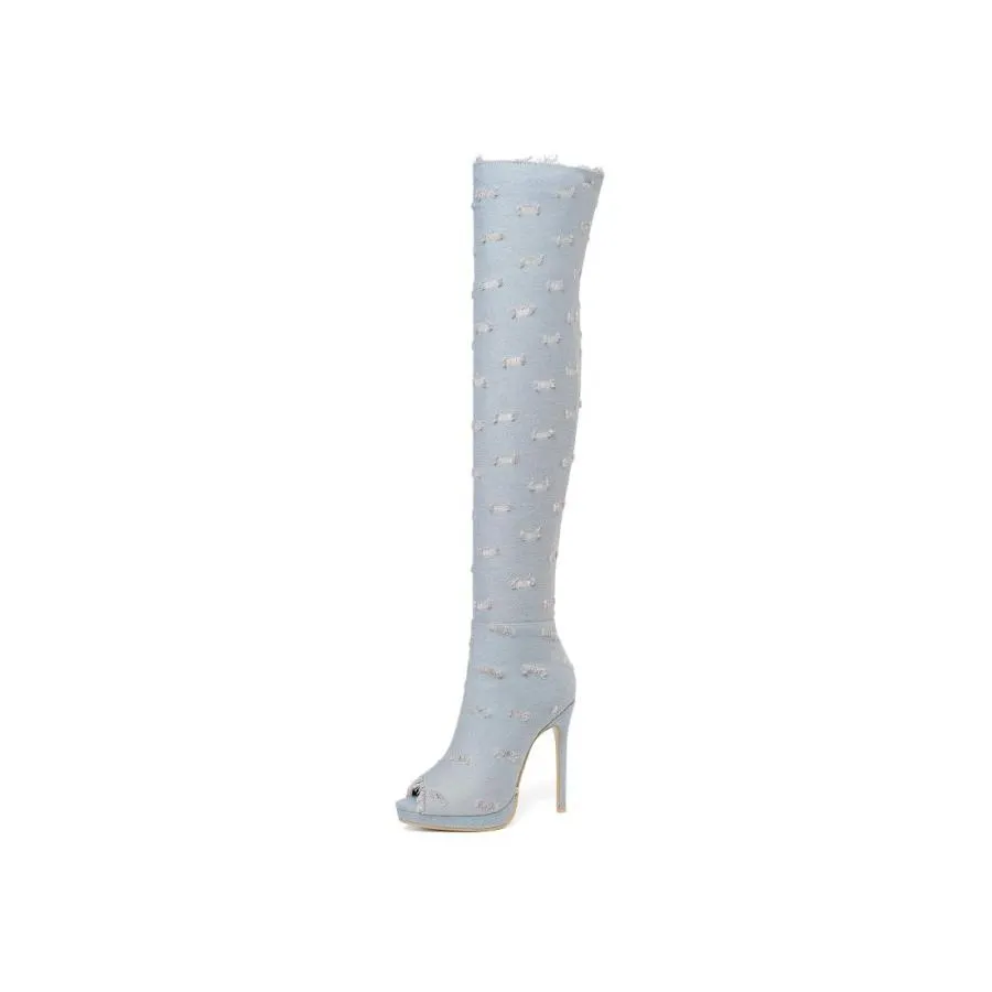 【並行輸入品】Bellirala Womens Jean Stiletto High Heel Thigh High Peep Toe Ove