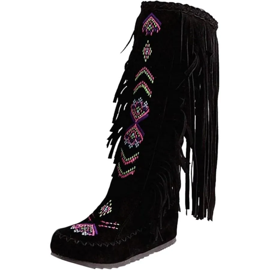 【並行輸入品】Women's Fringe Mid Calf Embroidered Western Boots,Flat Boots Sue