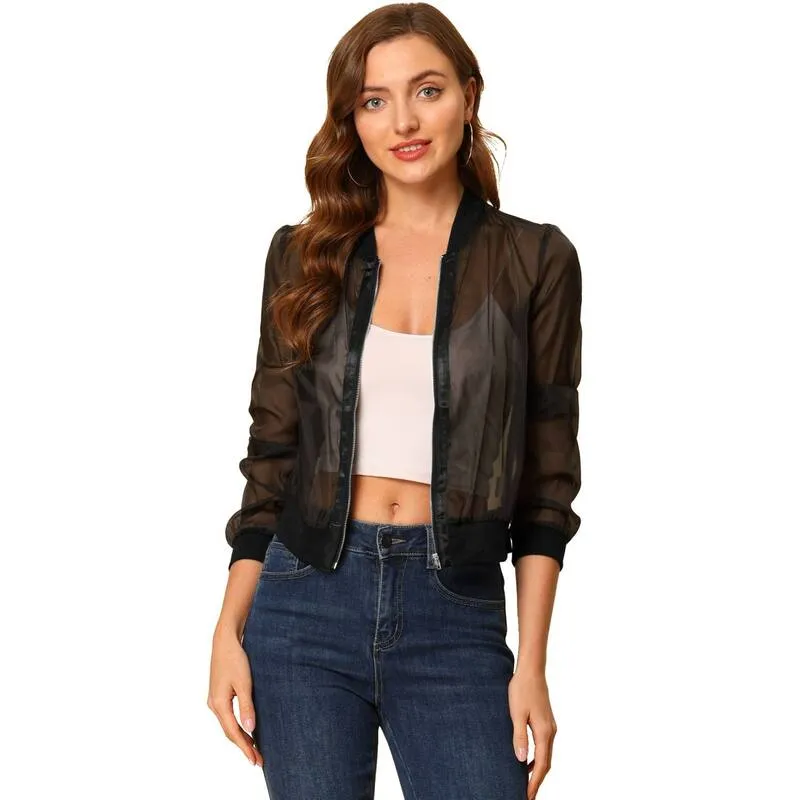 アレグラ ケー レディース アウター ジャケット・ブルゾン ALLEGRA K Women Long Sleeves Zip Up See Through Lightweight Bomber Jacket Black ブラック