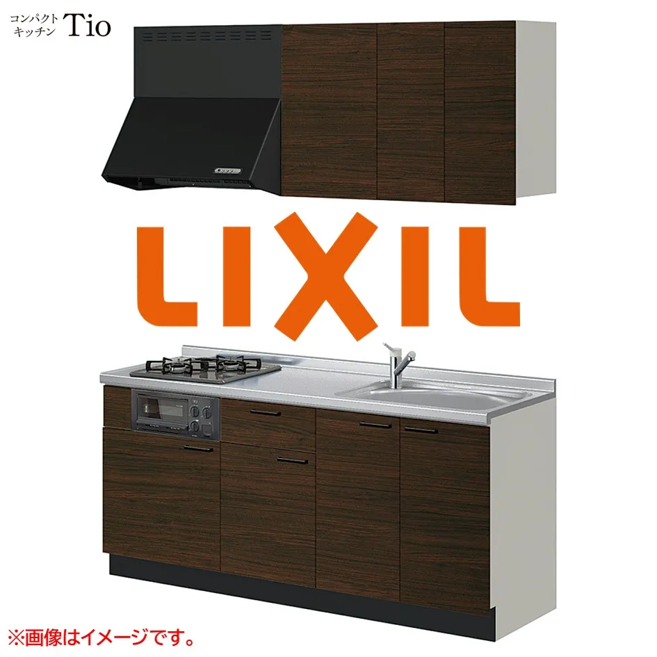 間口1050mm 1口ガスコンロ ミニキッチン コンパクトキッチン コンログリルレス LIXIL リクシル Tio ティオ 壁付I型 扉デザイン グループ2 B7シリーズ 木目(つや消し) カラー(クリエダーク) ハンドル取手【送料無料】