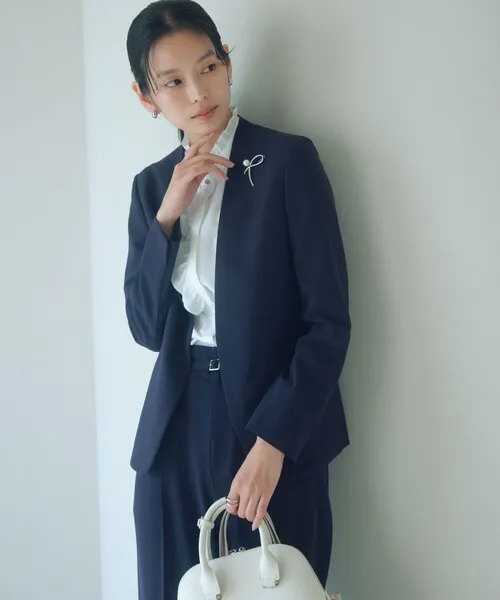 ジャケット ノーカラージャケット 「size SHORTあり」パウドレ ノーラペル ジャケット ウォッシャブル ストレッチ レディース