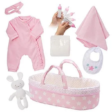 Adora Adoption Babies Essentials, 8-Piece Adoption Baby Doll Accessories and Bunny Toy includes Pink Bassinet, Ruffled Onesie, Headband, Blanket, and