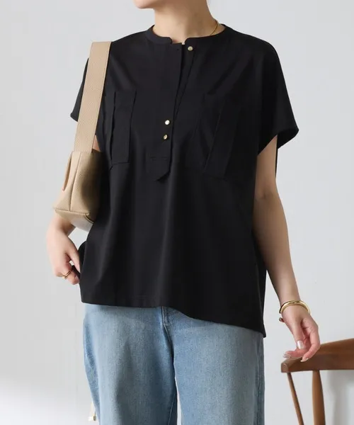 ヘンリーネック tシャツ 半袖 オフィスカジュアルに最適/キレイ目するTシャツ/ポケットデザインカットソー レディース