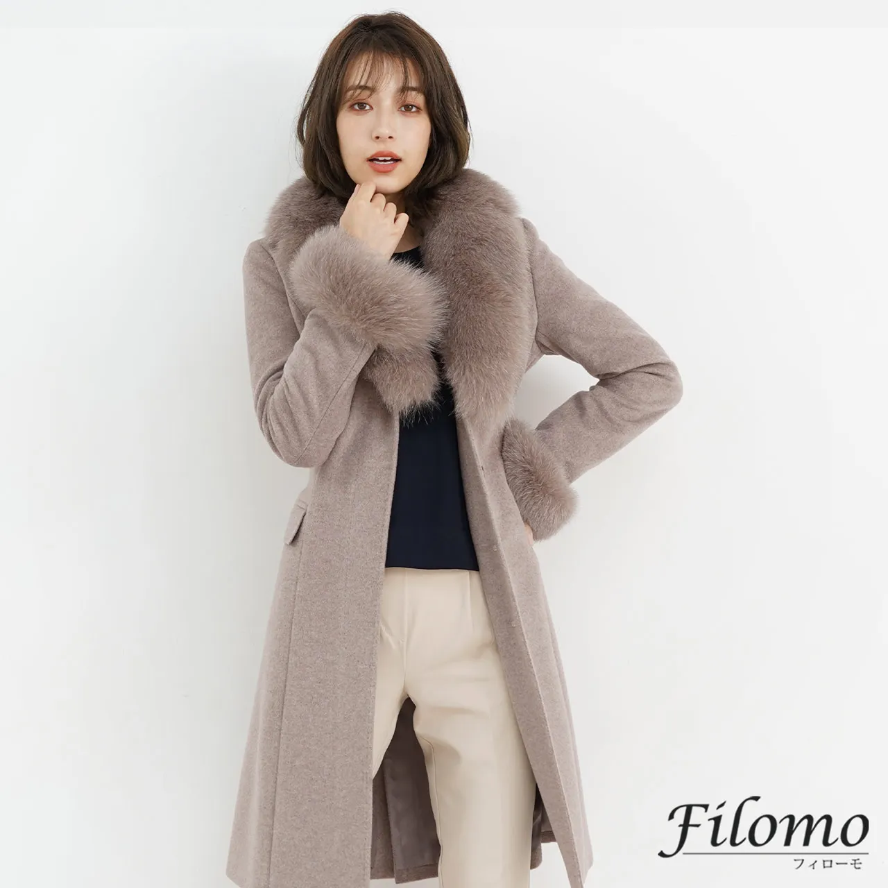 カシミヤ ブレンド ウール ロング コート レディース Filomo フォックス ファー トリミング 100cm(02000197r) 【爆買!!】