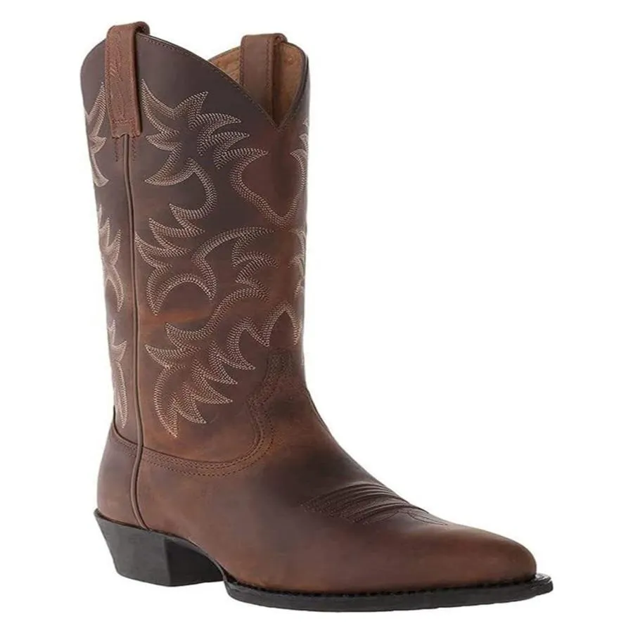 【並行輸入品】DEFACT Mens Brown Cowboy Boots Classic Embroidery   Snip Toe Wid