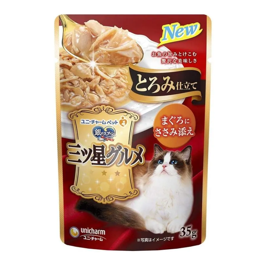 (送料無料・まとめ買い×160個セット)ユニ・チャーム 銀のスプーン 三ツ星グルメ パウチ とろみ仕立て まぐろにささみ添え 35g