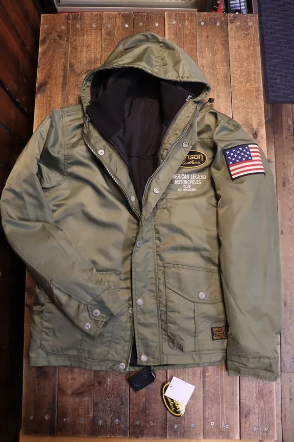 VANSONバンソン NVJK-2503 VANSON NYLON 3WAY JACKET バンソン ナイロン ジャケット 中綿 脱着ライナー N-3B Vグリーン(ライナー：ブラック)
