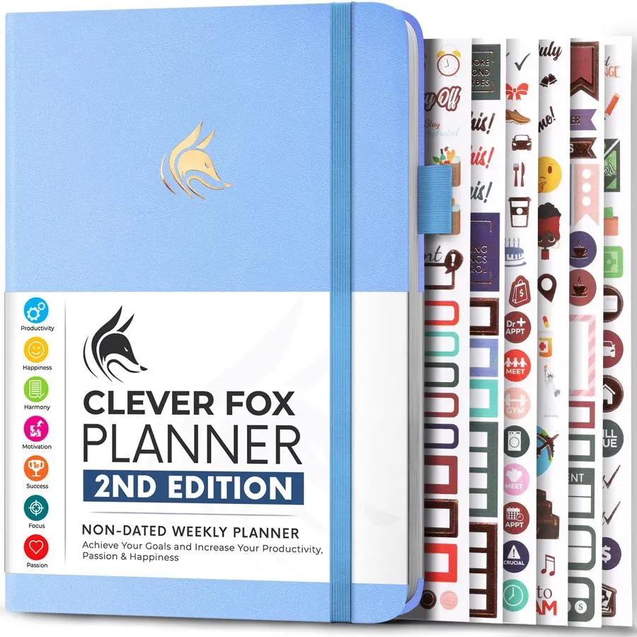 Clever Fox プランナー 第2弾 - カラフル ウィークリー ＆ マンスリー ゴール プランナー 時間管理 生産性 オーガナイザー 日付なし A5 (ペリウィンクル)