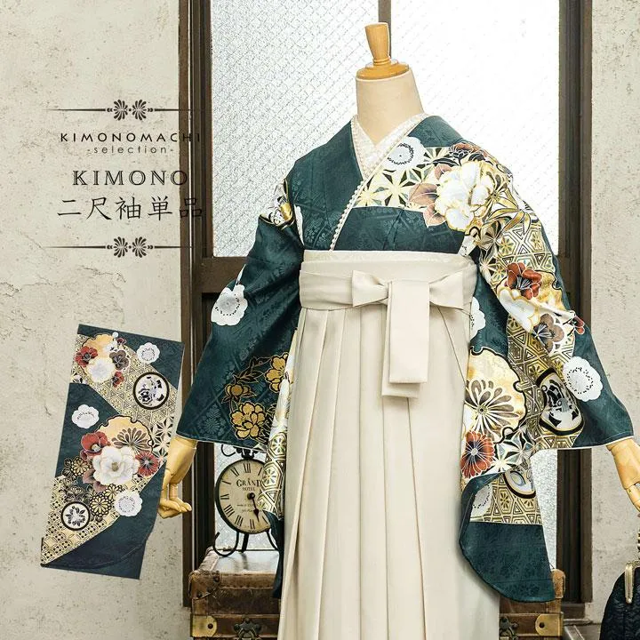 二尺袖着物 単品 絵羽「納戸鼠色 雪輪に四季花」Fサイズ お仕立て上がり 短丈 ショート丈 レディース 洗える着物 二尺袖 着物 袴に合わせて (メール便不可)