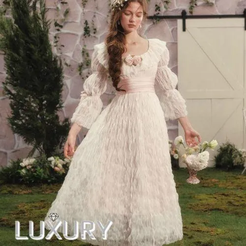 セミロリータ ドレス のみ 長袖ワンピース フレンチクラシック ロング丈 妖精 プリンセス シフォン お姫様 貴婦人 ゴージャス パーティー ウェディング