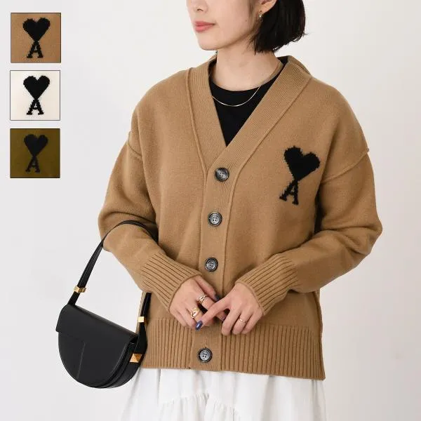AMI ALEXANDRE MATTIUSSI AMI DE COEUR アミ トップス メリノウールフェルトニット カーディガン UKC367 018 レディース ユニセックス ブラック カーキ