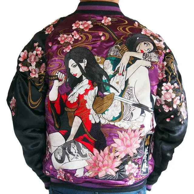 スカジャン 抜刀娘 妃那×凛 sj 刺繍 リバーシブル”桜”　和柄 スーベニアジャケット パープル/シャンパンゴールド×ブラック 204020 bakugai202512