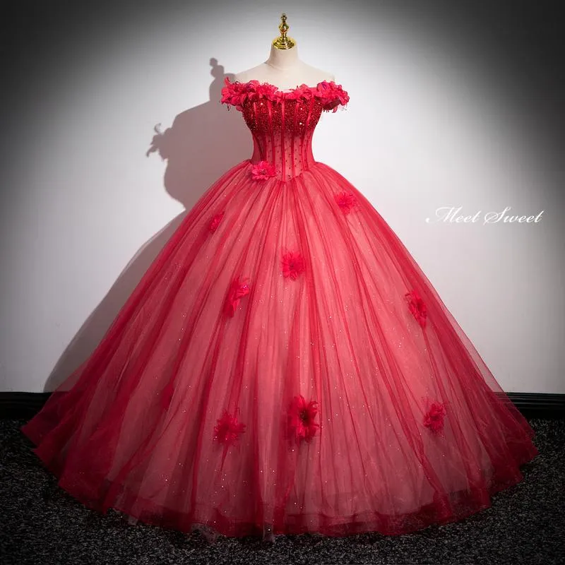 カラードレス プリンセスライン ロングドレス レッド オフショルダー フラワー ウェディングドレス 結婚式 二次会 花嫁 前撮り 演奏会 発表会 ステージ衣装