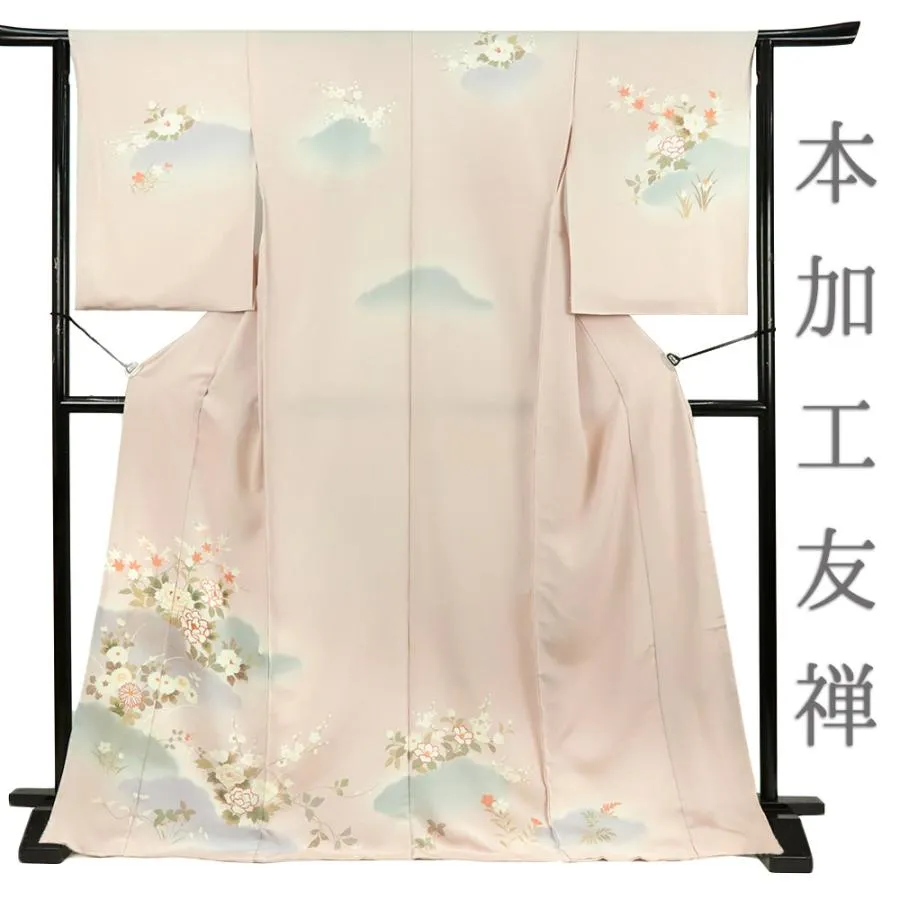 訪問着 正絹 仮絵羽 反物 フォーマル 礼装用 ピンク 花 菊 梅 桔梗 牡丹 椿 杜若 楓 紅葉 萩 遠山 霞 友禅染 着物 古典 未仕立 No.2-0240