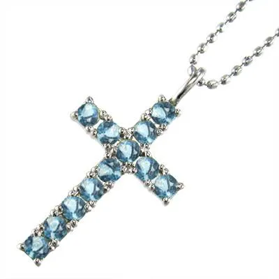 ペンダントトップとネックレス クロス ホワイトゴールドk10 11月誕生石 ブルートパーズ(青)