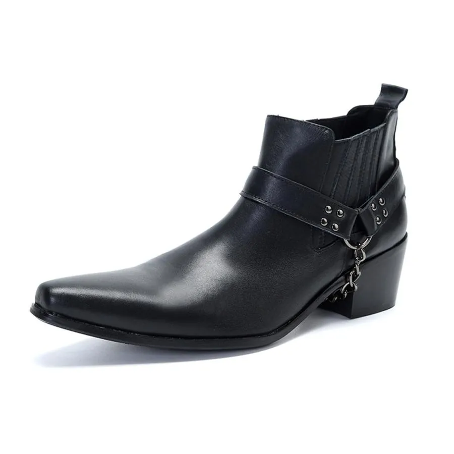【並行輸入品】AUNTHUI Men'S Genuine Leather Pointed Toe Chelsea Western Cowboy