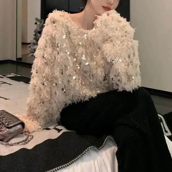 スパンコール シャギー カットソー レディース かわいい 大人可愛い きれいめ シンプル 上品 おしゃれ 個性的 存在感 学生風 ロマンティック ナチュラル オフィス ビジネス OL 通勤 学生 学校 通学 部活 デート お出かけ 休日 ホテル お揃い 韓国 モテ 清楚 トレンド